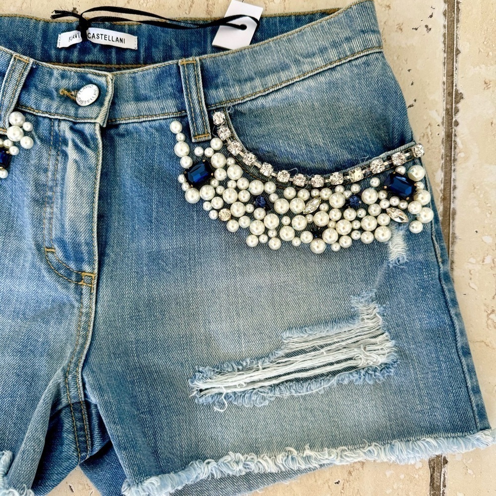 New! Flavio Castellani Jeans Shorts, Size 40, Blue with Crystals/Pearls - Picture 3 of 11
